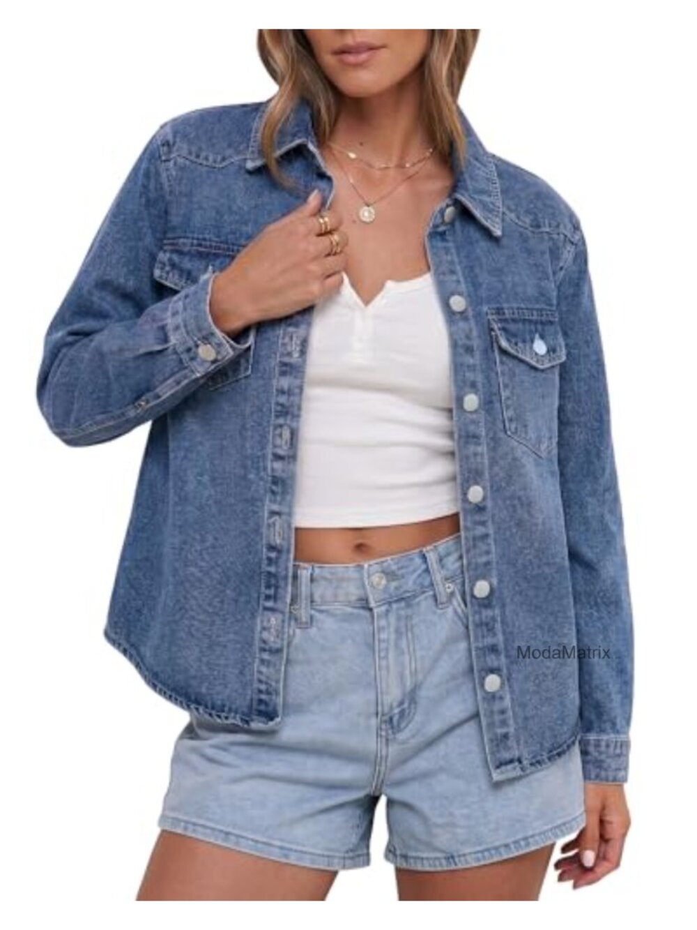 Distressed Denim Trucker Jacket Long Sleeve Button Down Shacket